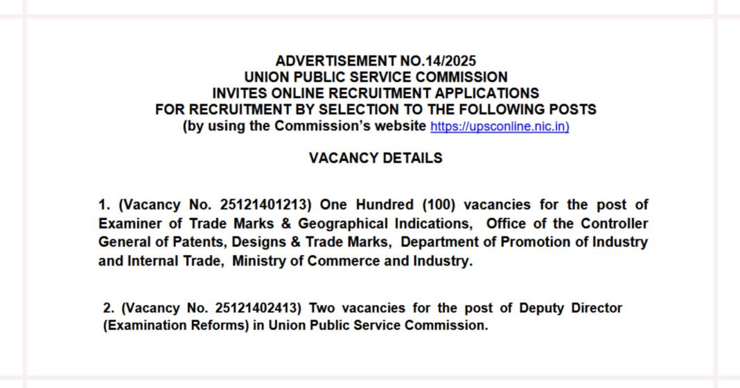 UPSC Recruitment 2025 for 102 Posts of Examiner of Trade Marks and Deputy Director