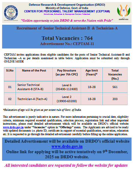 DRDO CEPTAM 11 Notification, 764 Senior Technical Assistant and Technician Posts Out