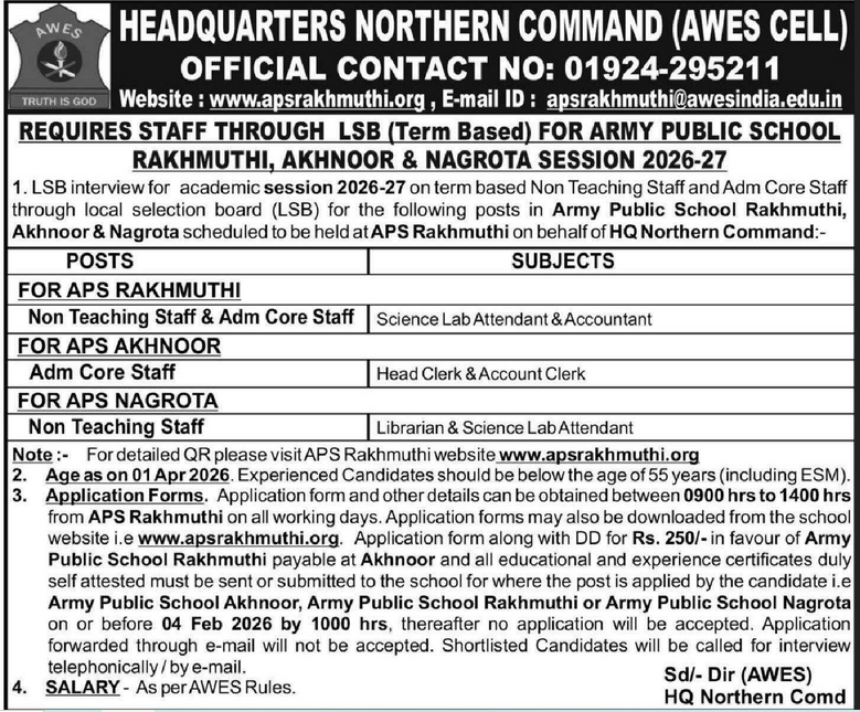 Army Public School Rakhmuthi Akhnoor Nagrota Non Teaching Recruitment 2026 Army Public School Rakhmuthi Akhnoor Nagrota Non Teaching Recruitment 2026