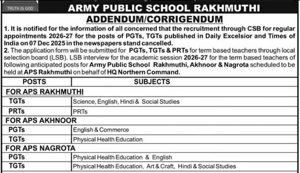 Army Public School Rakhmuthi AWES Cell Recruitment for PGT, TGT and PRT Posts 2026 Army Public School Rakhmuthi AWES Cell Recruitment Notification 2026