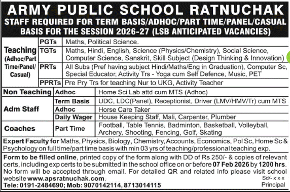 Army Public School Ratnuchak Recruitment 2026 for Teaching and Non Teaching Staff Army Public School Ratnuchak Recruitment 2026 for Teaching and Non Teaching Staff