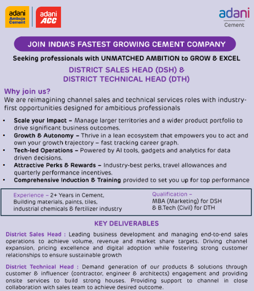 Adani Ambuja ACC Jammu & Kashmir Recruitment 2026 for District Sales Head and District Technical Head