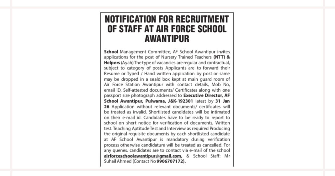 Air Force School Awantipora Recruitment 2026 for Teacher and Helper Posts