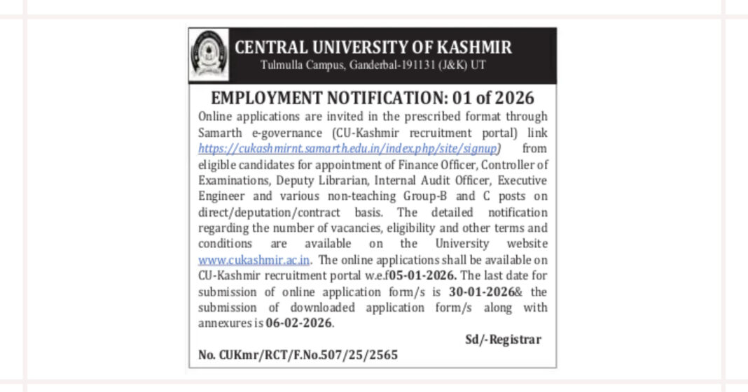 Central University Kashmir Non-Teaching Recruitment 2026, Check Official Notification PDF