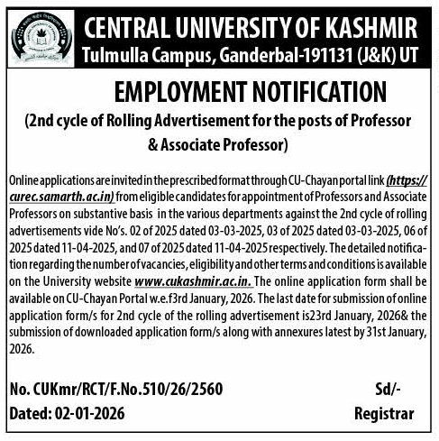 Central University of Kashmir Teaching Recruitment 2026 for Professor and Associate Professor Posts Central University of Kashmir Teaching Recruitment 2026 for Professor and Associate Professor Posts
