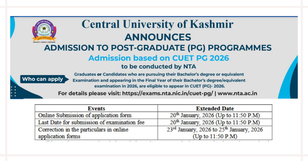 Central University of Kashmir PG Admission 2026 through CUET PG for Multiple Programmes