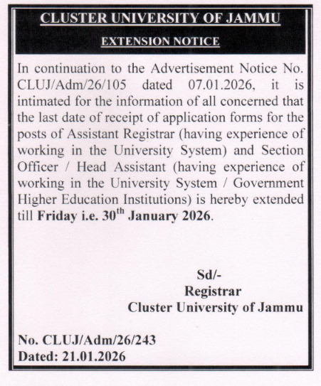 Cluster University of Jammu Recruitment 2026 Last date