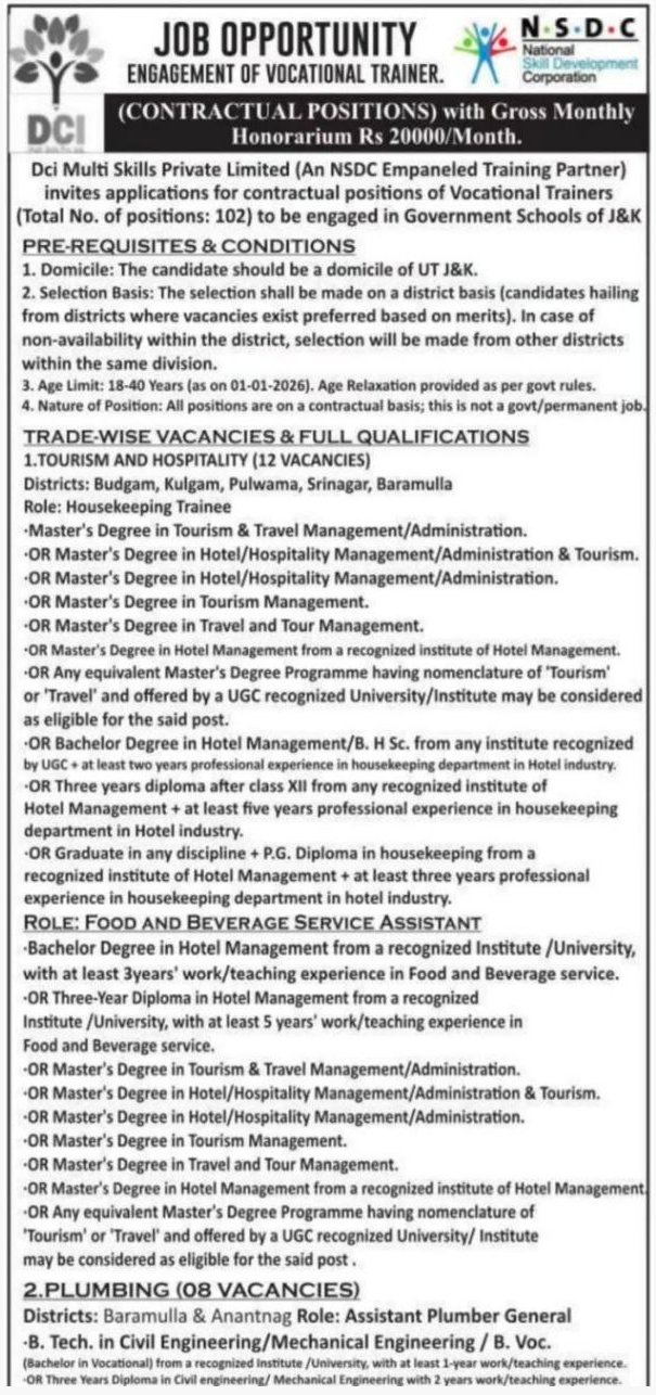 102 Vocational Trainer Posts, DCI Multi Skills Private Limited Staff Employment Recritment 2026