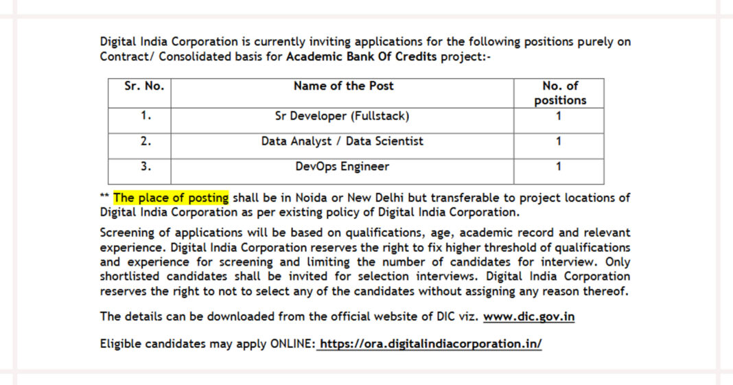Digital India Corporation Recruitment 2026 for Developer, Data Analyst and DevOps Engineer