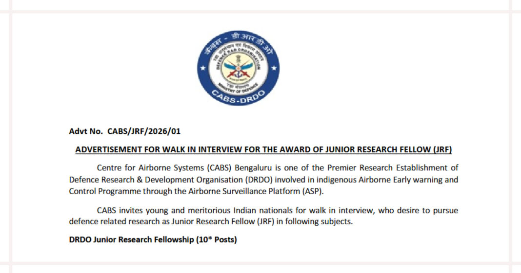 DRDO CABS Junior Research Fellow Walk-in Interview 2026 for JRF Posts