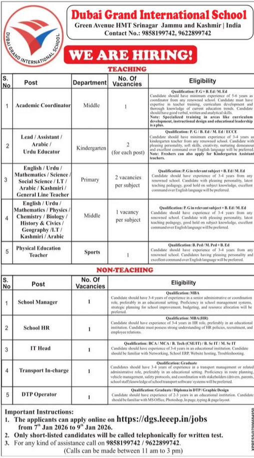 Dubai Grand International School DGIS Srinagar Recruitment 2026 for Teaching and Non-Teaching Posts