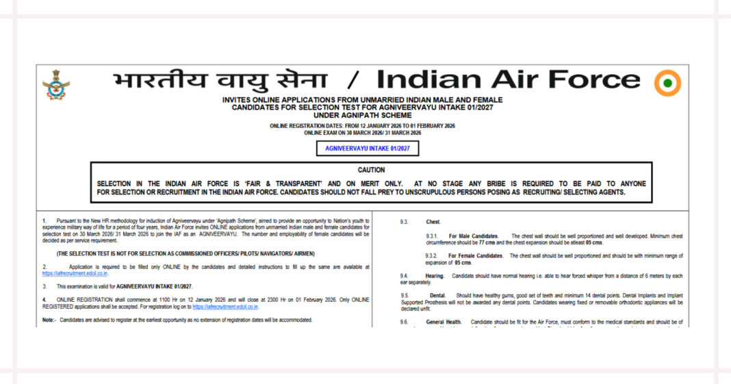 Indian Air Force Agniveervayu Recruitment 2026, Online Form for IAF Intake 01/2027