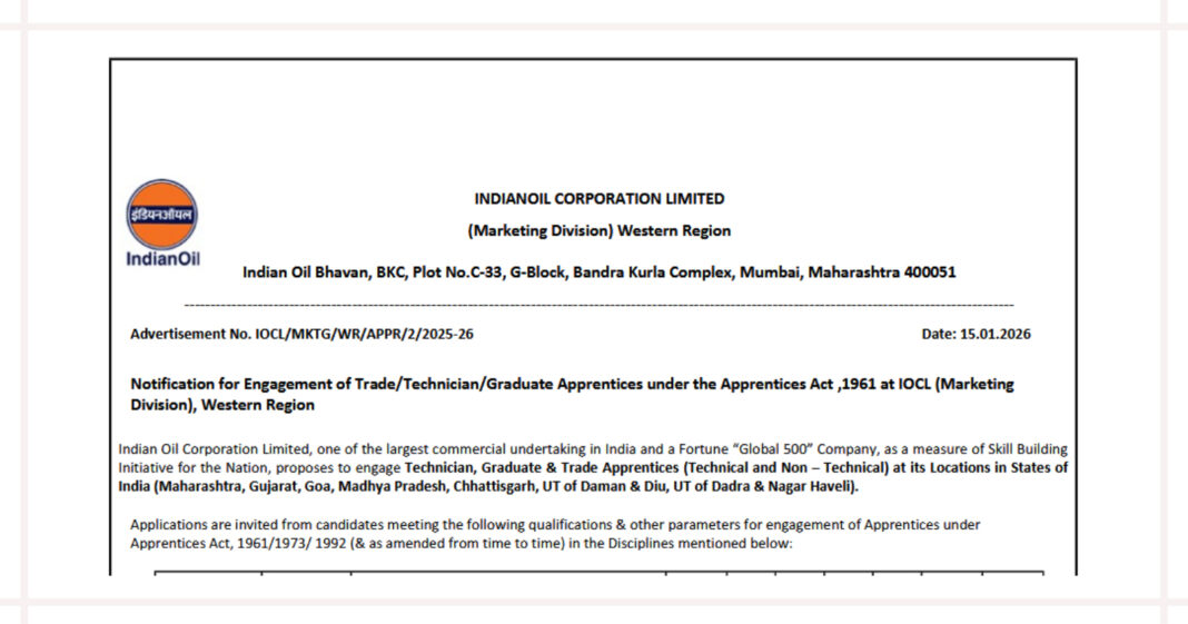 IOCL Apprentice Recruitment 2026 for Trade, Technician and Graduate Posts