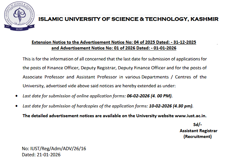 Islamic University of Science & Technology Kashmir Non-Teaching Recruitment 2026