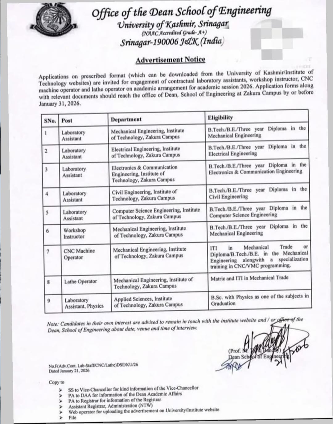 University of Kashmir Recruitment 2026 for Laboratory Assistant, Workshop Instructor and CNC Posts