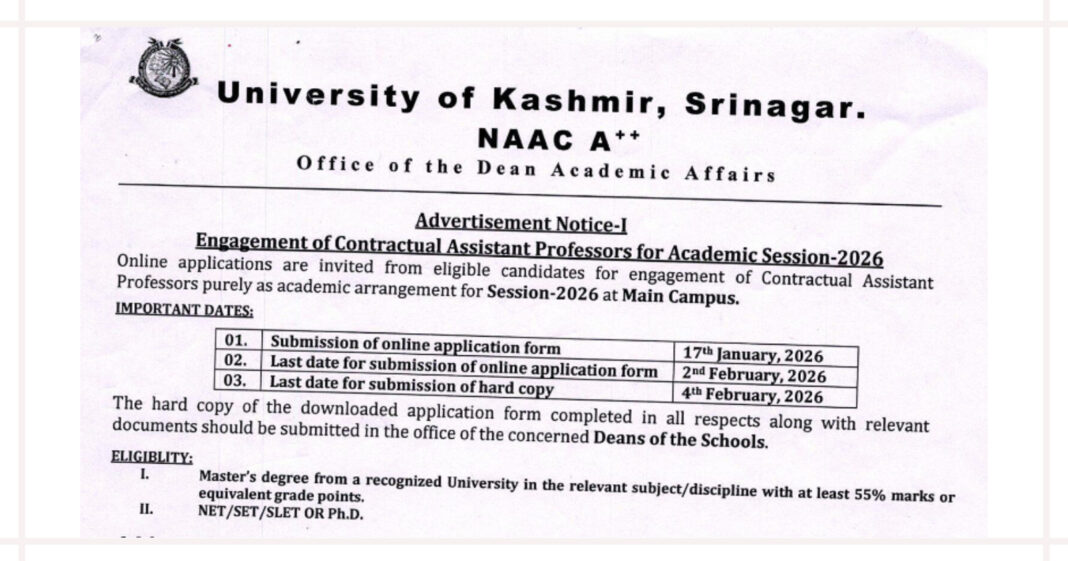 University of Kashmir Main Campus Contractual Assistant Professors Recruitment 2026