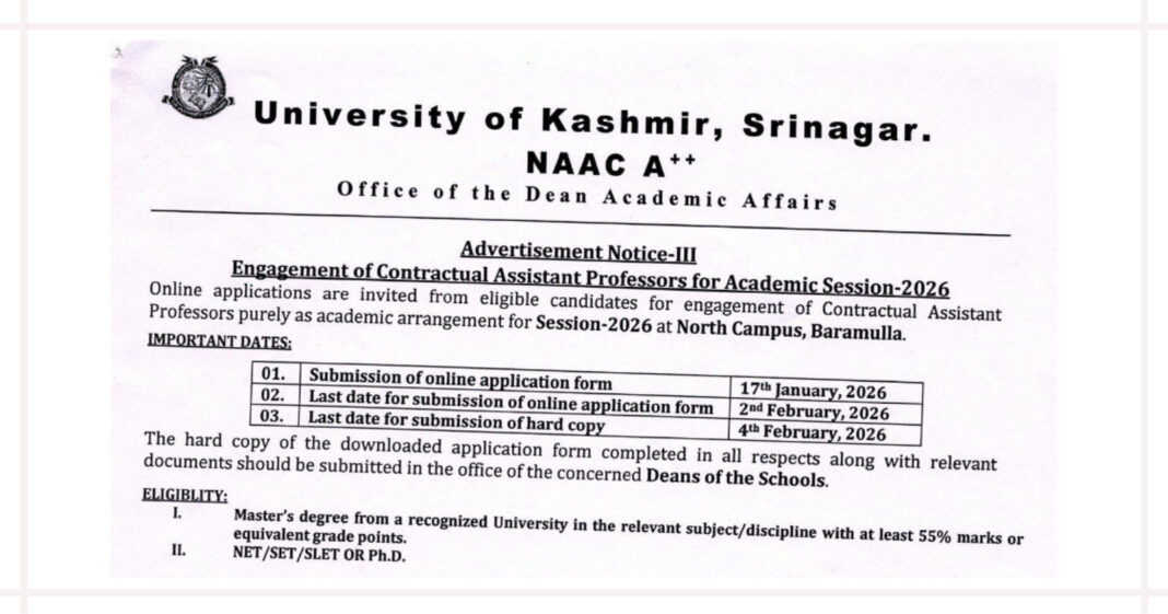 Kashmir University AP Recruitment 2026 for North Campus Baramulla