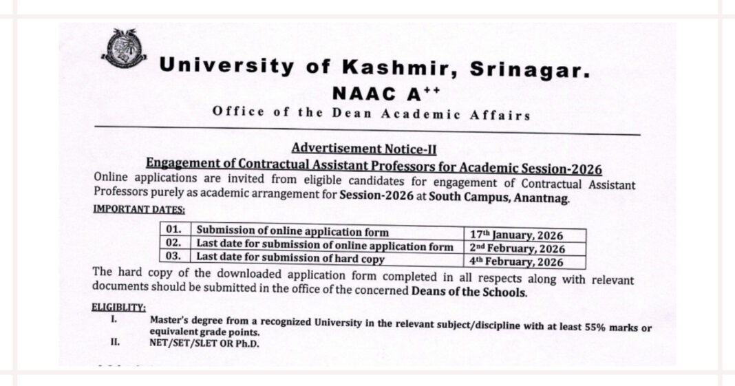 University of Kashmir Assistant Professors Recruitment 2026 for South Campus Anantnag