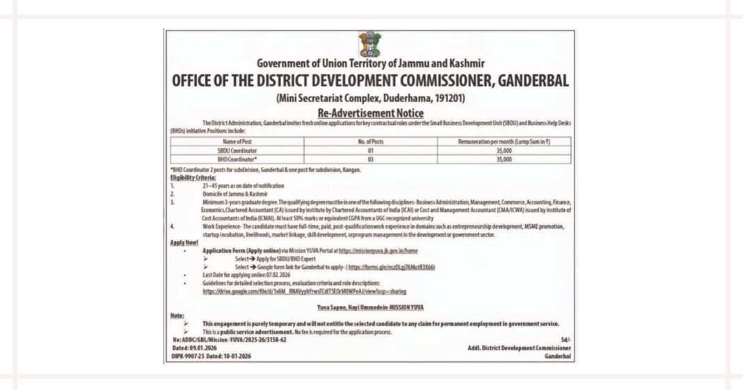 DDC Ganderbal Recruitment 2026 for SBDU and BHD Coordinator Posts under Mission YUVA
