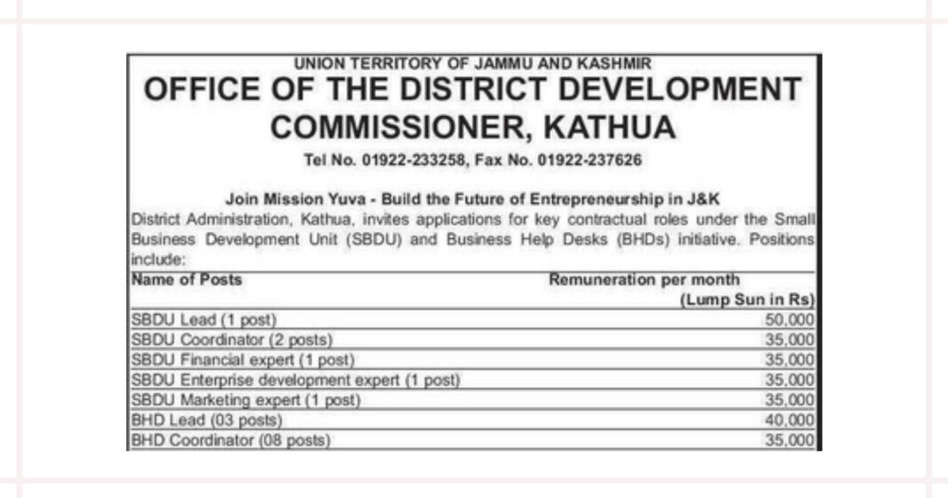 Mission Yuva Kathua Recruitment 2026 for SBDU and BHD Posts