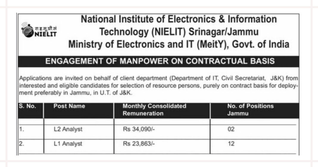 NIELIT Srinagar Jammu Recruitment 2026 for L1 and L2 Analyst Contractual Posts