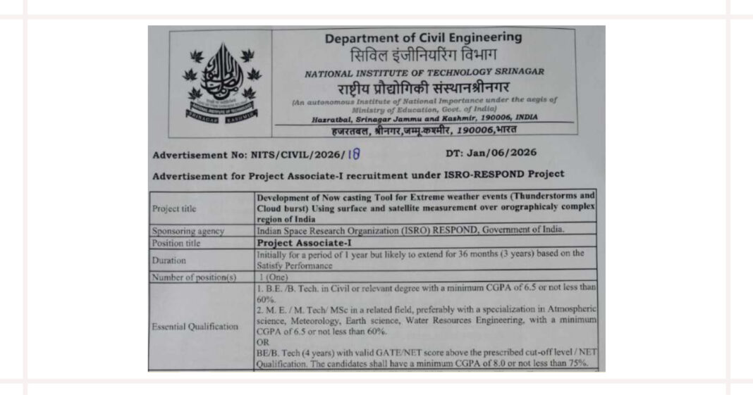NIT Srinagar Project Associate Recruitment 2026 under ISRO RESPOND Project