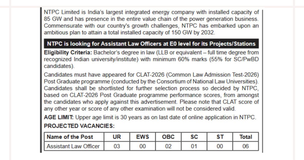NTPC Assistant Law Officer Recruitment 2026, Apply Online for Law Officer Posts