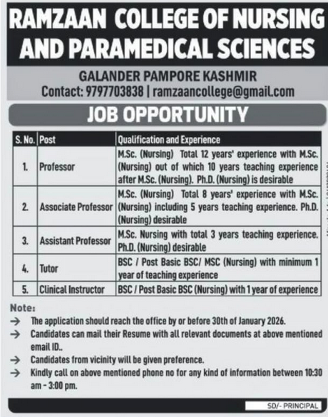 Ramzaan College of Nursing and Paramedical Sciences Pampore Recruitment 2026 for Professor and Tutor Posts