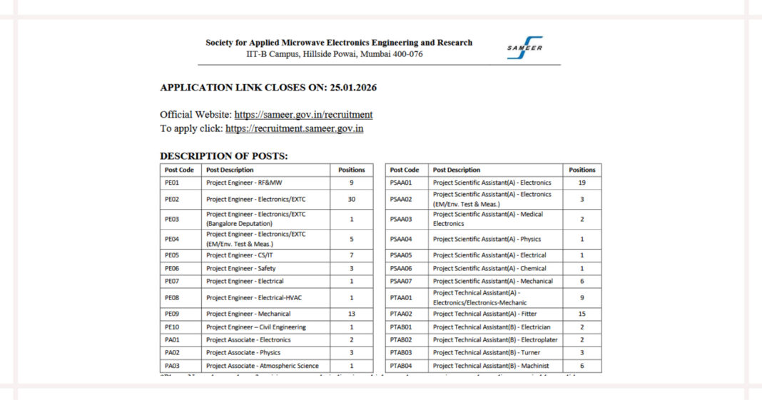 SAMEER Recruitment 2026 for 147 Project Engineer, Project Associate and Technical Posts