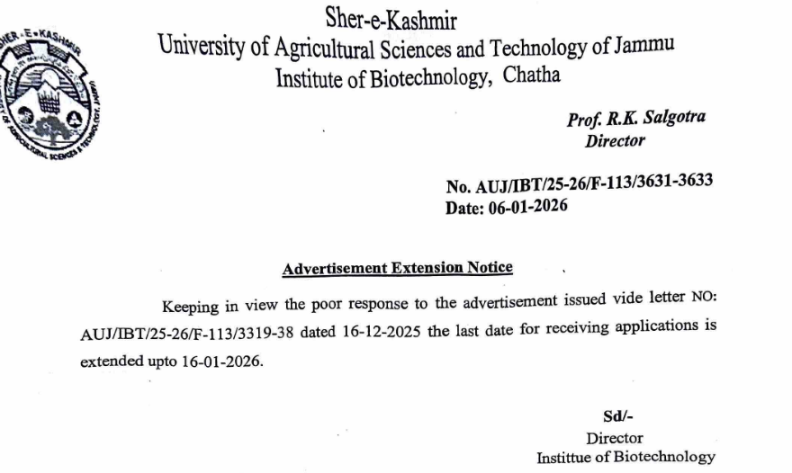 SKUAST Jammu AP Notice 2026