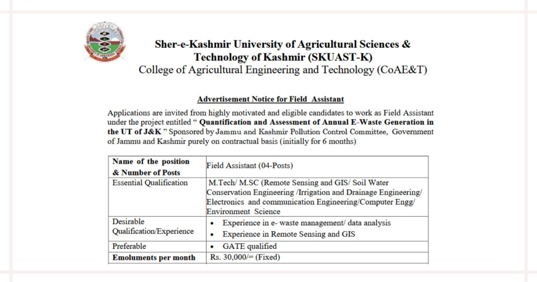 SKUAST Kashmir Field Assistant Recruitment 2026 at CoAE&T Shalimar