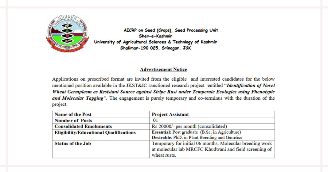 SKUAST Kashmir Project Assistant Recruitment 2026 for AICRP on Seed Crops