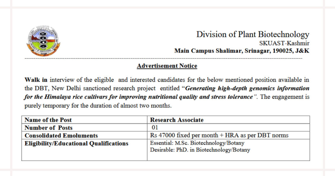 SKUAST Kashmir Walk-in Interview 2026 for Research Associate Post in Plant Biotechnology