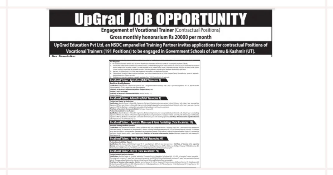 167 Vocational Trainer Posts, UpGrad Education Pvt Ltd Recruitment 2026 for J&K under NSDC