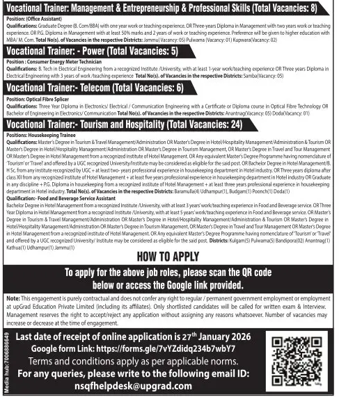 167 Vocational Trainer Posts, UpGrad Education Pvt Ltd Recruitment 2026 for J&K under NSDC