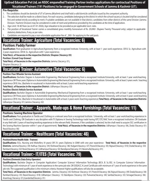 167 Vocational Trainer Posts, UpGrad Education Pvt Ltd Recruitment 2026 for J&K under NSDC