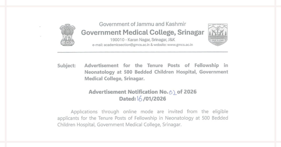 Govt Medical College GMC Srinagar Pediatric Department Fellowship in Neonatology Recruitment 2026