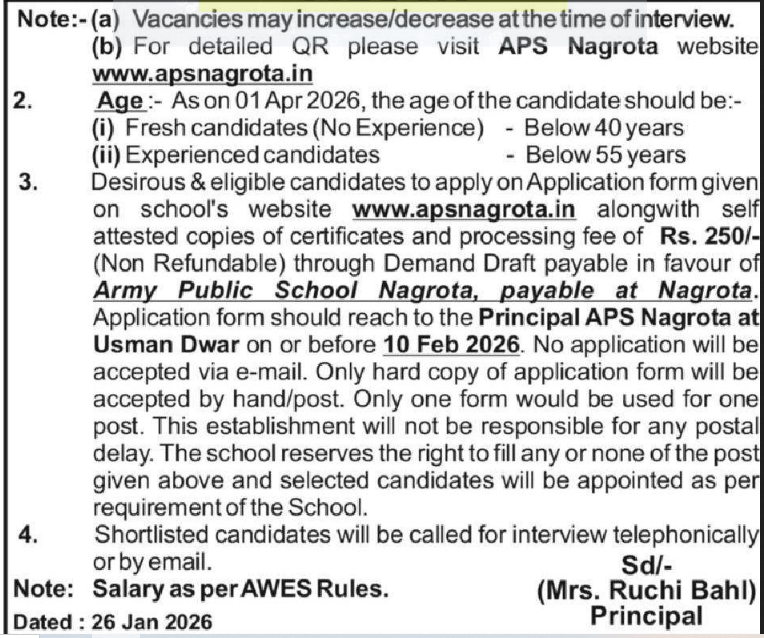 Army Public School Nagrota Recruitment 2026 for PGT, TGT, PRT and Coaches Posts