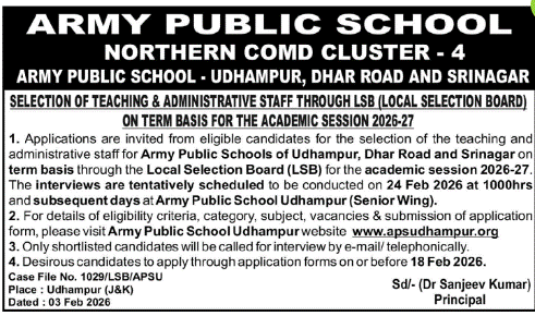 Army Public School Northern Command Cluster 4 Recruitment 2026 for Teaching and Administrative Staff