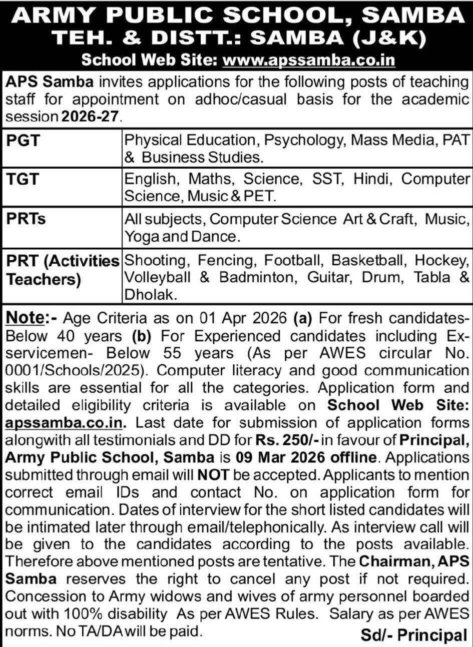 Army Public School Samba Teacher Recruitment 2026 for PGT, TGT, PRT and Activity Teacher Posts Army Public School Samba Teacher Recruitment 2026 for PGT, TGT, PRT and Activity Teacher Posts