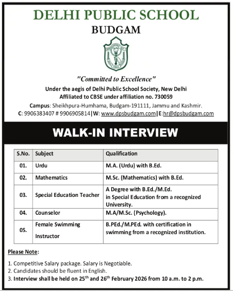 Delhi Public School Budgam Walk-in Interview 2026 for Teaching and Non-Teaching Posts Delhi Public School Budgam Walk-in Interview 2026 for Teaching and Non-Teaching Posts