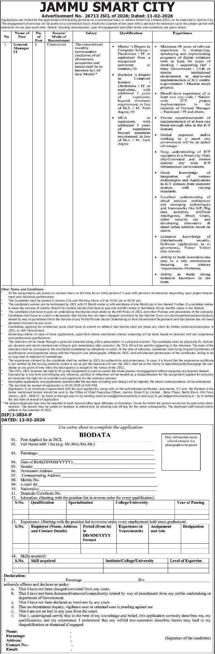 Jammu Smart City Limited Recruitment 2026 for General Manager IT Post Jammu Smart City Limited Recruitment 2026