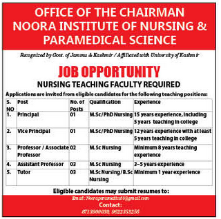Noora Institute of Nursing and Paramedical Science Srinagar Faculty Recruitment 2026 Noora Institute of Nursing and Paramedical Science Srinagar Faculty Recruitment 2026