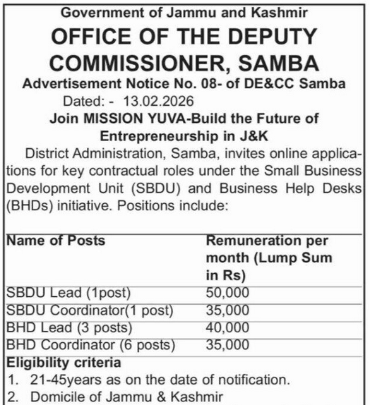 Mission YUVA Samba Recruitment 2026 for SBDU and BHD Posts