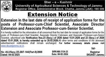 SKUAST Jammu Recruitment 2026 Extension Notice for Professor and Associate Professor Posts