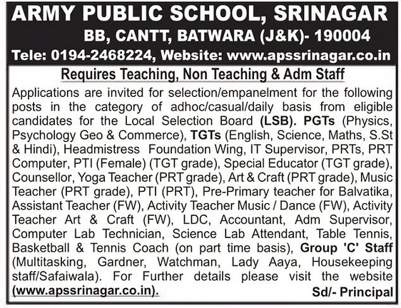 Army Public School APS Srinagar Teaching and Non-Teaching Recruitment 2026 for Various Posts Army Public School APS Srinagar Teaching and Non-Teaching Recruitment 2026 for Various Posts