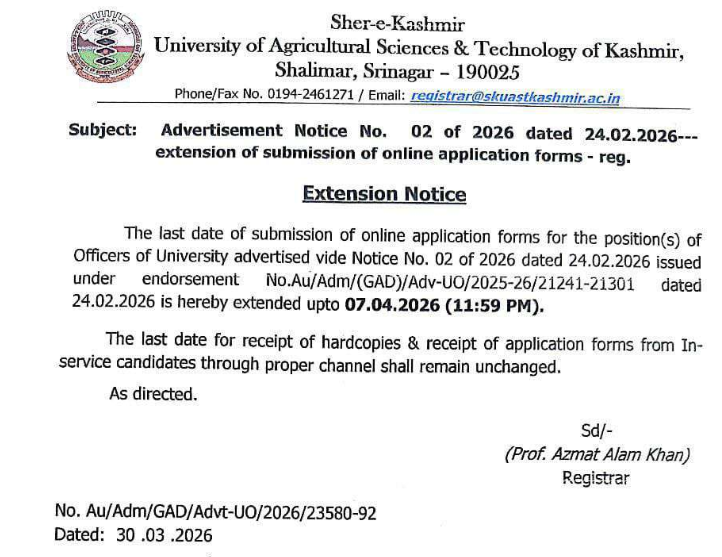 SKUAST Kashmir officers Recruitment 2025 for Director and Dean Posts, Last Date Extended skuast k last date extended dfor officer posts