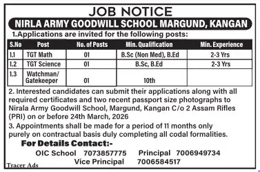 Nirla Army Goodwill School Kangan Recruitment 2026 for TGT Math, TGT Science and Watchman Posts
