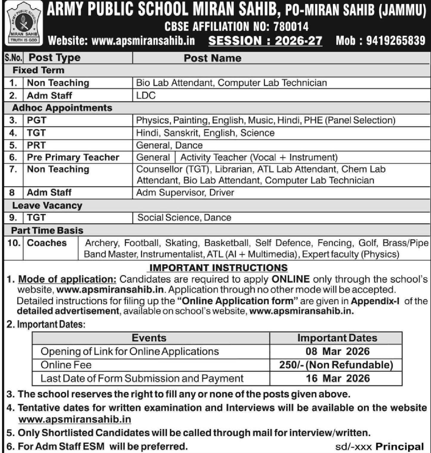 Army Public School Miran Sahib Recruitment 2026: Apply Online for Teaching & Non-Teaching Posts Army Public School Miran Sahib Recruitment 2026: Apply Online for Teaching & Non-Teaching Posts