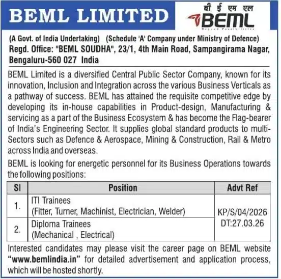 BEML ITI and Diploma Trainee Recruitment 2026 Notification Released, Online Application to Start Soon BEML ITI and Diploma Trainee Recruitment 2026 Notification Released, Online Application to Start Soon